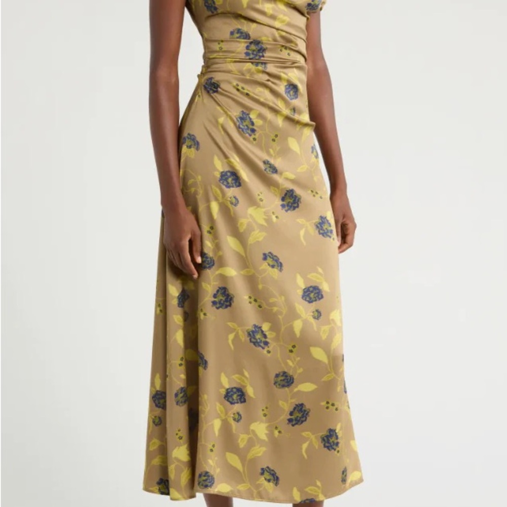 STAUD Beige Floral Midi Dress with Blue Flowers